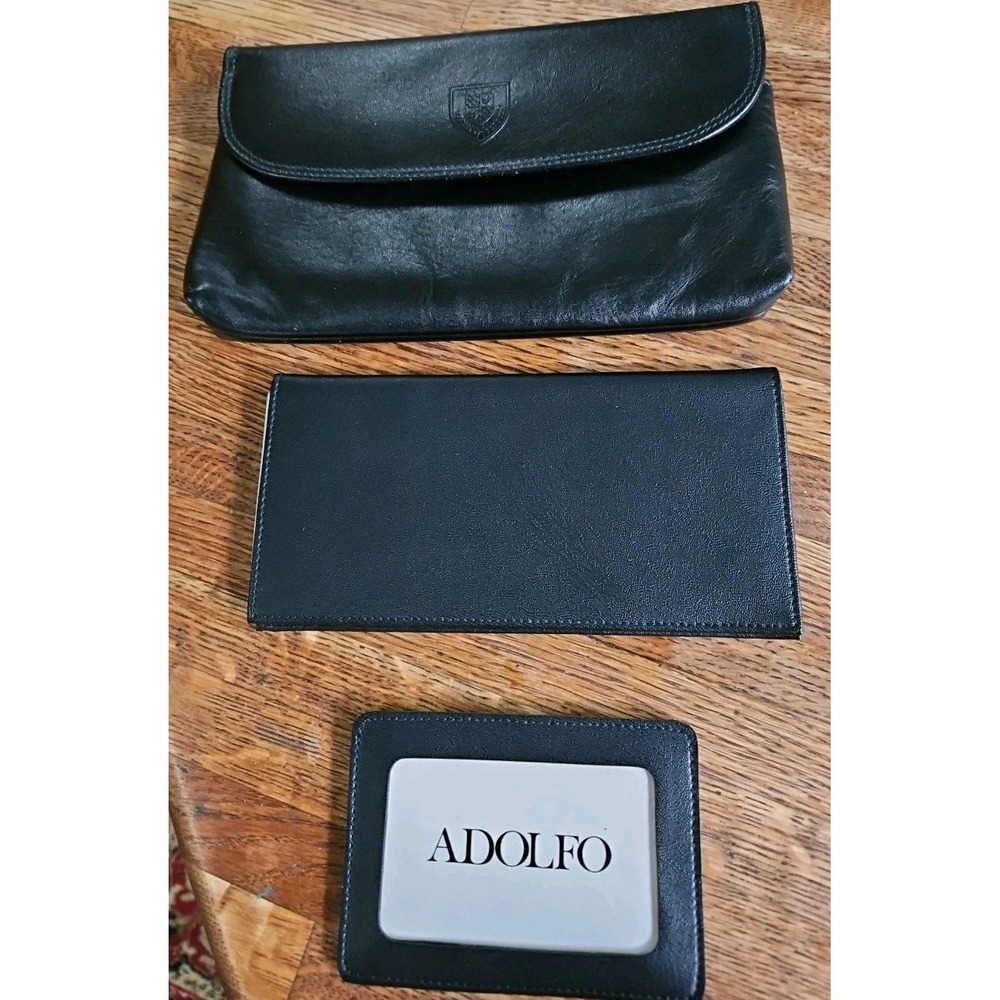 New 3 Pc Adolfo Black Full Grain Cowhide Leather Wallet Checkbook ID Holder Vtg